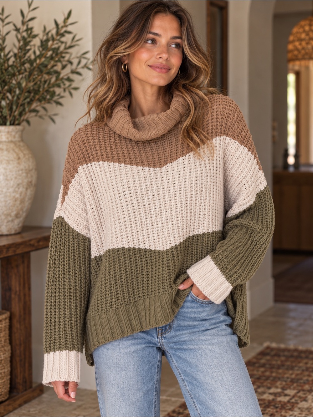POL Colorblock Oversized Cowl Neck Chunky Knit Sweater Medium